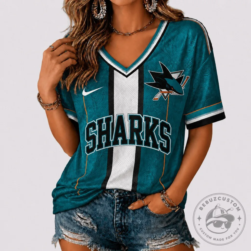 San Jose Sharks Teal NHL Team Heritage V-Neck Football Jersey San Jose Sharks Teal NHL Team Heritage V-Neck Football Jersey