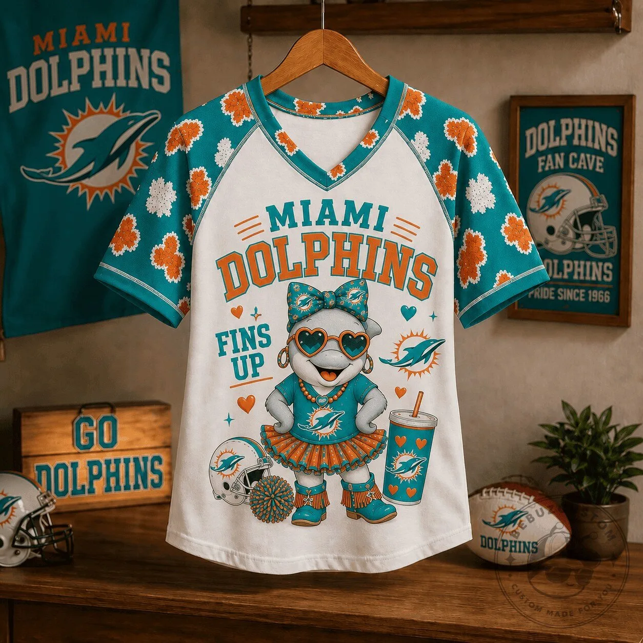 Women's Cute V-Neck Raglan T-Shirt featuring Miami Dolphins Mascot 2 Women's Cute V-Neck Raglan T-Shirt featuring Miami Dolphins Mascot