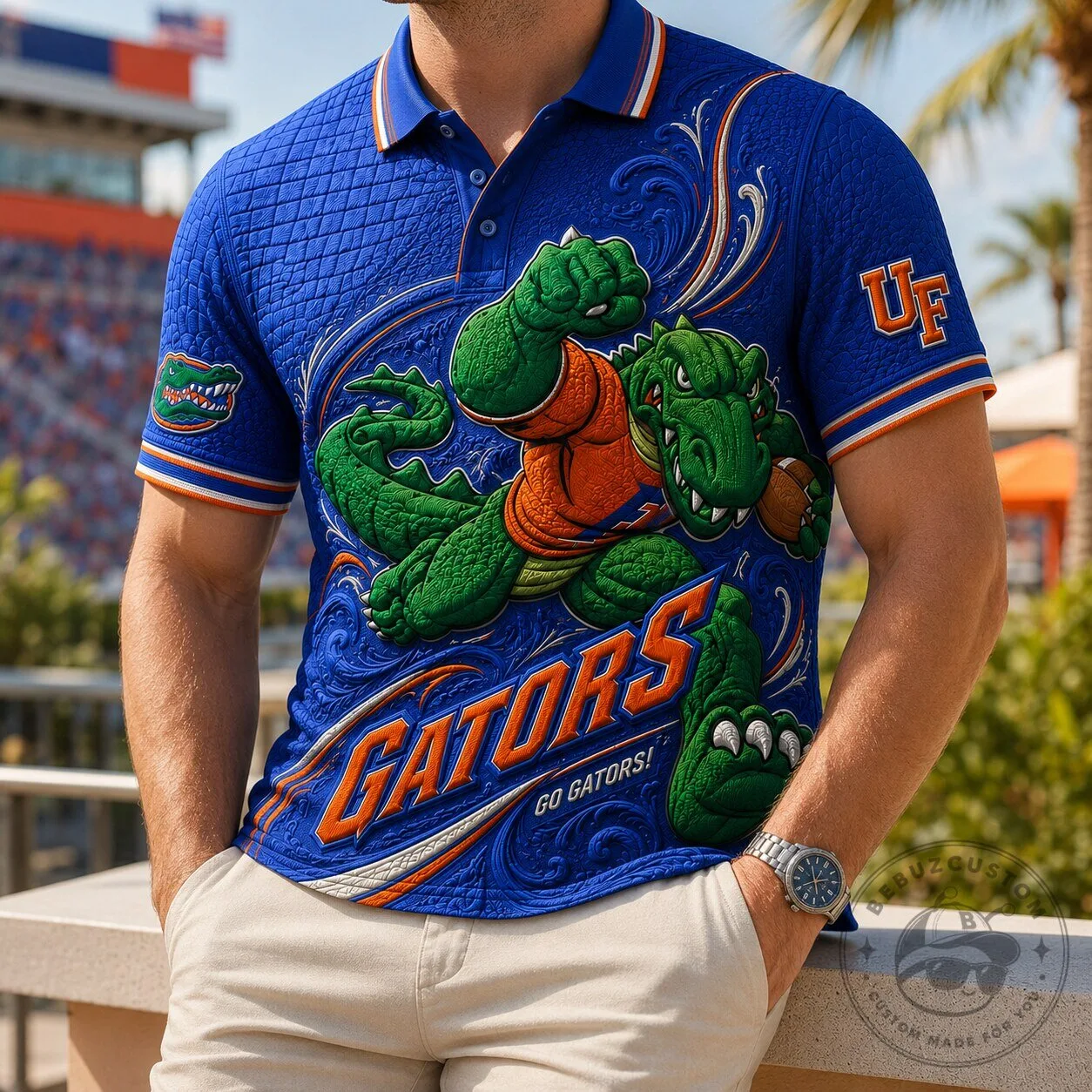 Florida Gators Football Mascot Graphic Design Royal Blue Polo Shirt