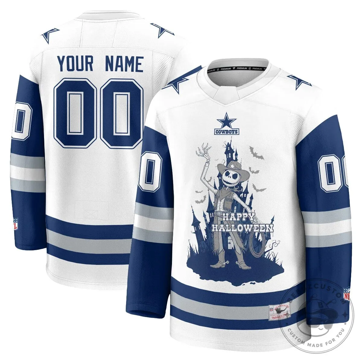 Custom Hockey Jersey for Halloween featuring Jack Skellington and the Dallas Cowboys