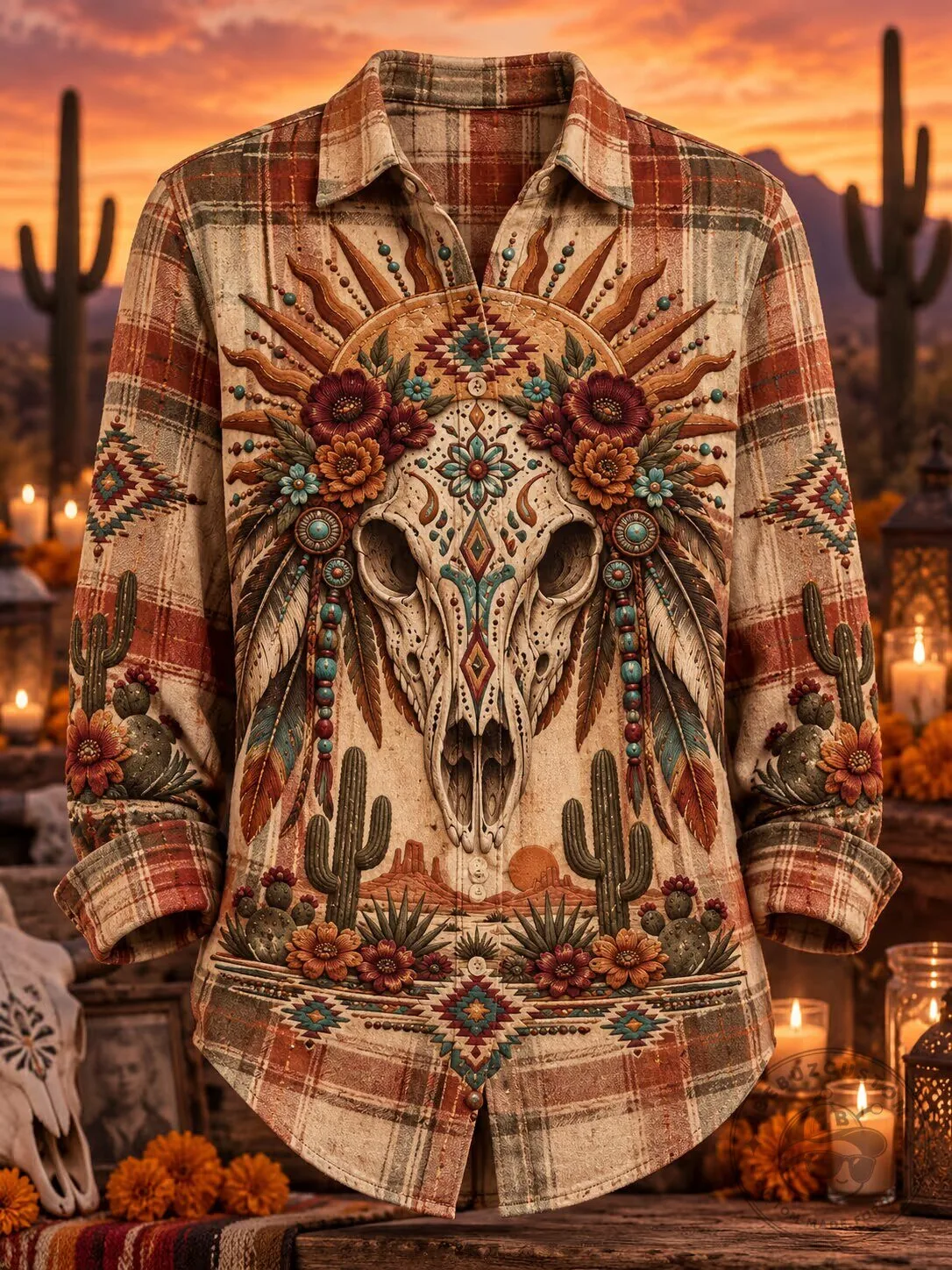 Western Day of the Dead Skull Cactus Plaid Flannel Long Sleeve Shirt