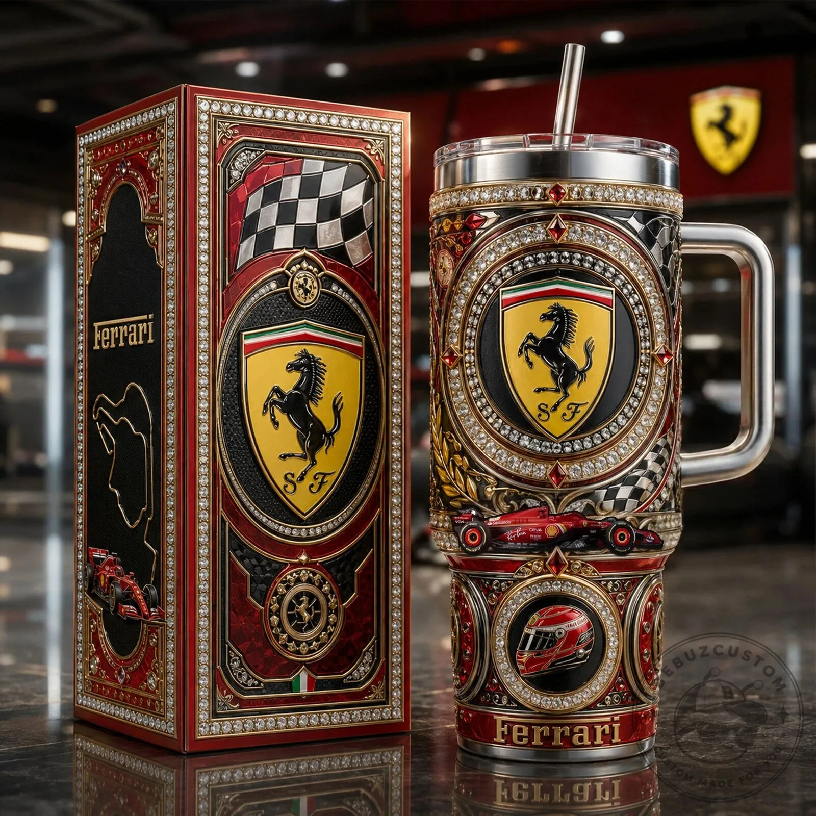 Ferrari Luxury Engraved Stainless Steel Tumbler with Handle and Straw