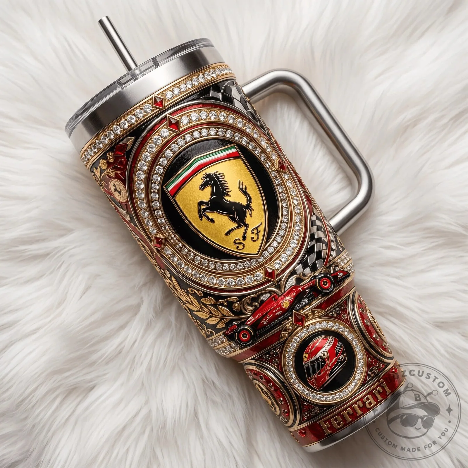 Ferrari Luxury Engraved Stainless Steel Tumbler with Handle and Straw 6 Ferrari Luxury Engraved Stainless Steel Tumbler with Handle and Straw