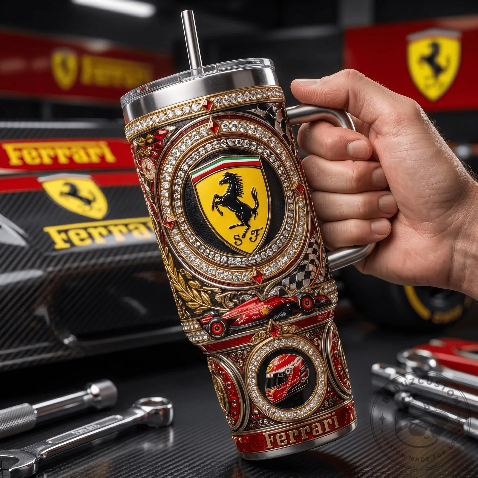 Ferrari Luxury Engraved Stainless Steel Tumbler with Handle and Straw 7 Ferrari Luxury Engraved Stainless Steel Tumbler with Handle and Straw