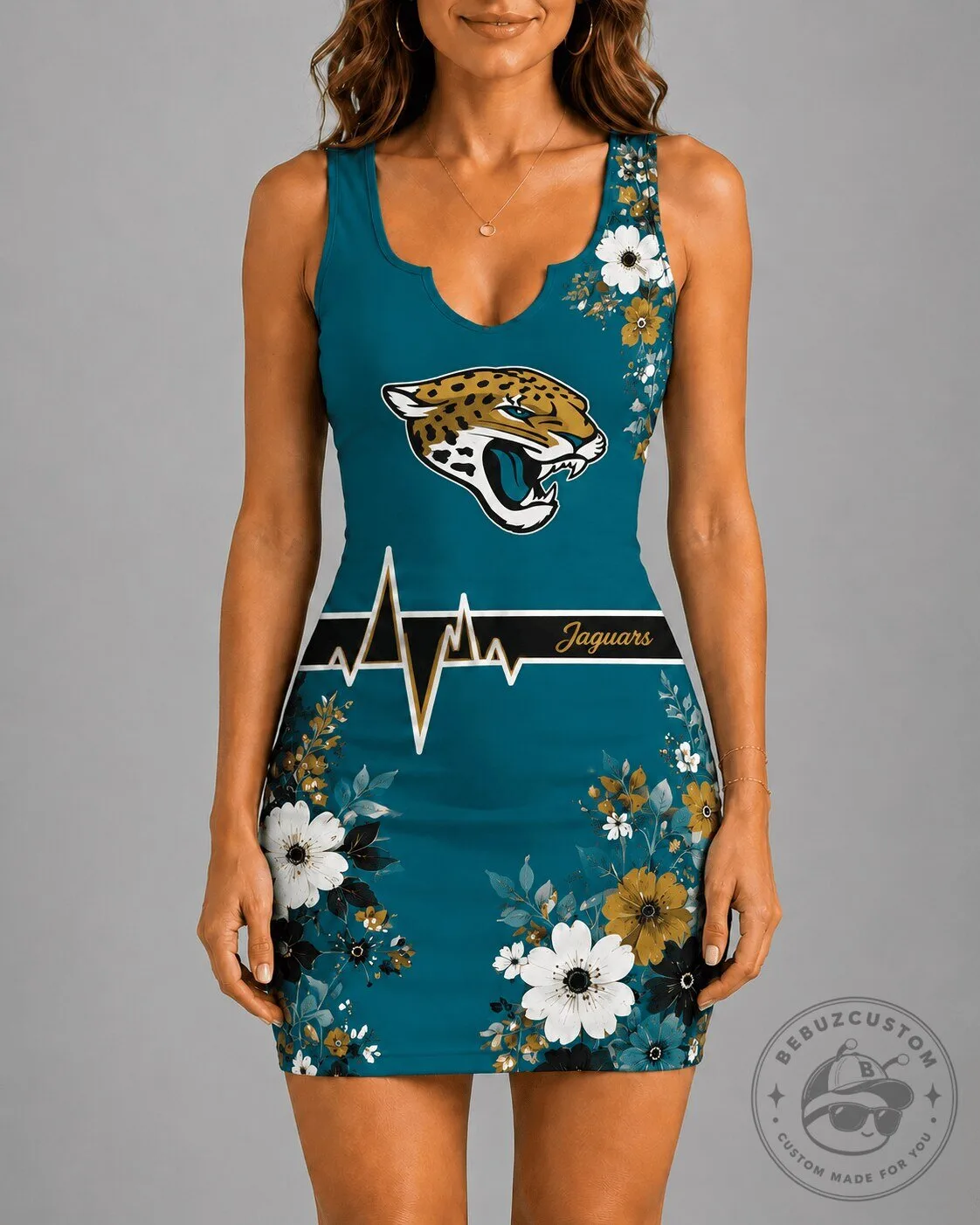 Jacksonville Jaguars Floral Heartbeat Pattern Women's Sleeveless Dress