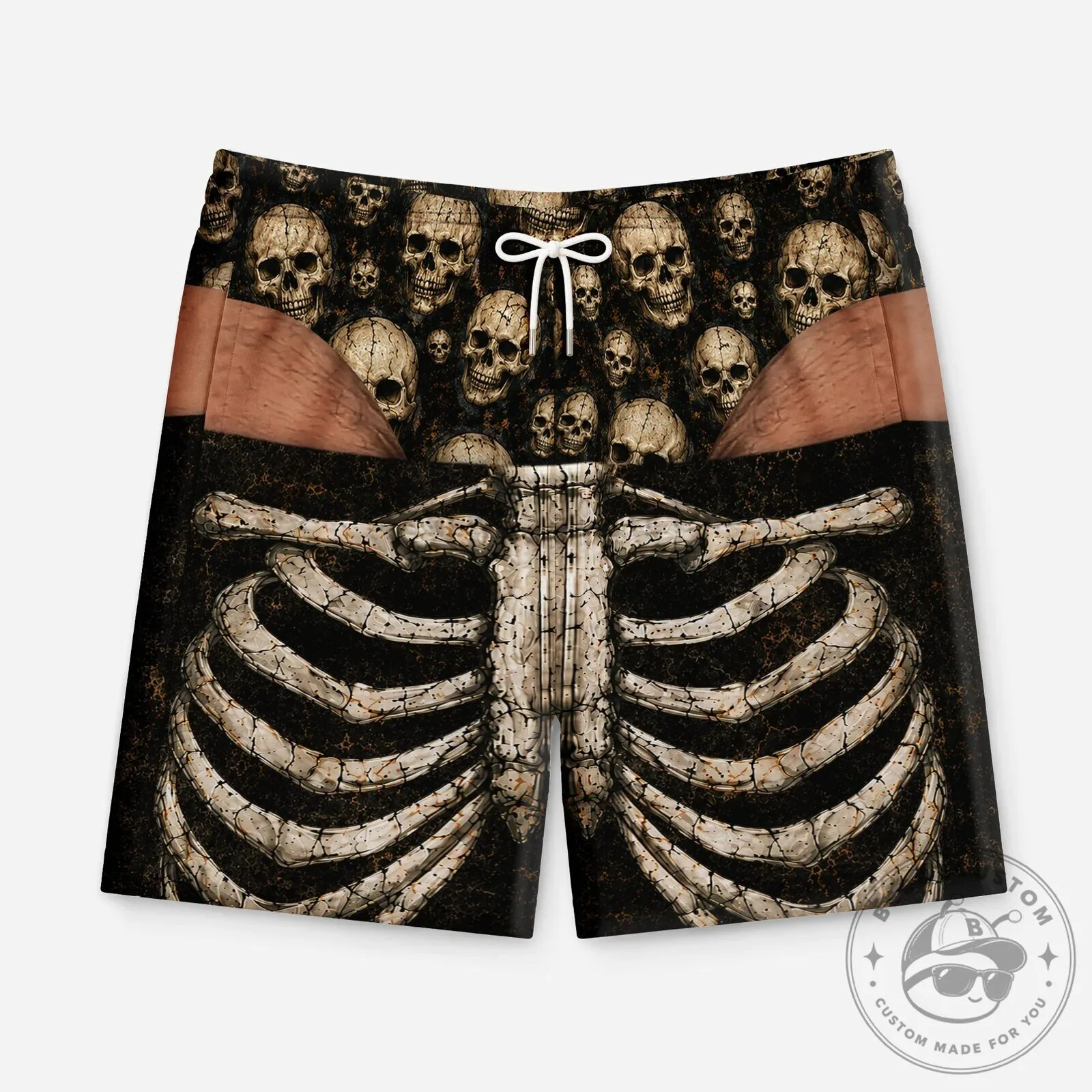 Spooky Skeleton Rib Cage and Skull Pattern Halloween Beach Shorts