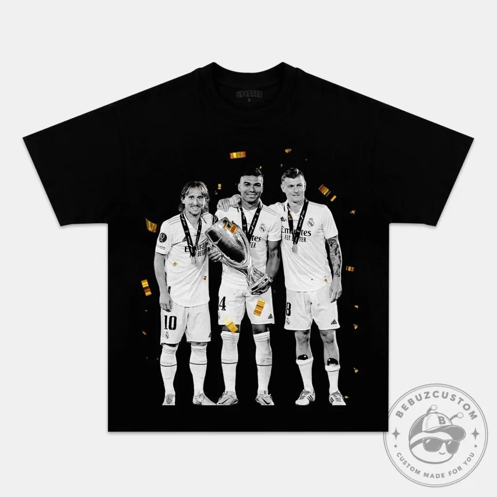 Real Madrid Luka Modric Casemiro Toni Kroos Champions League Celebration T-Shirt Real Madrid Luka Modric Casemiro Toni Kroos Champions League Celebration T-Shirt