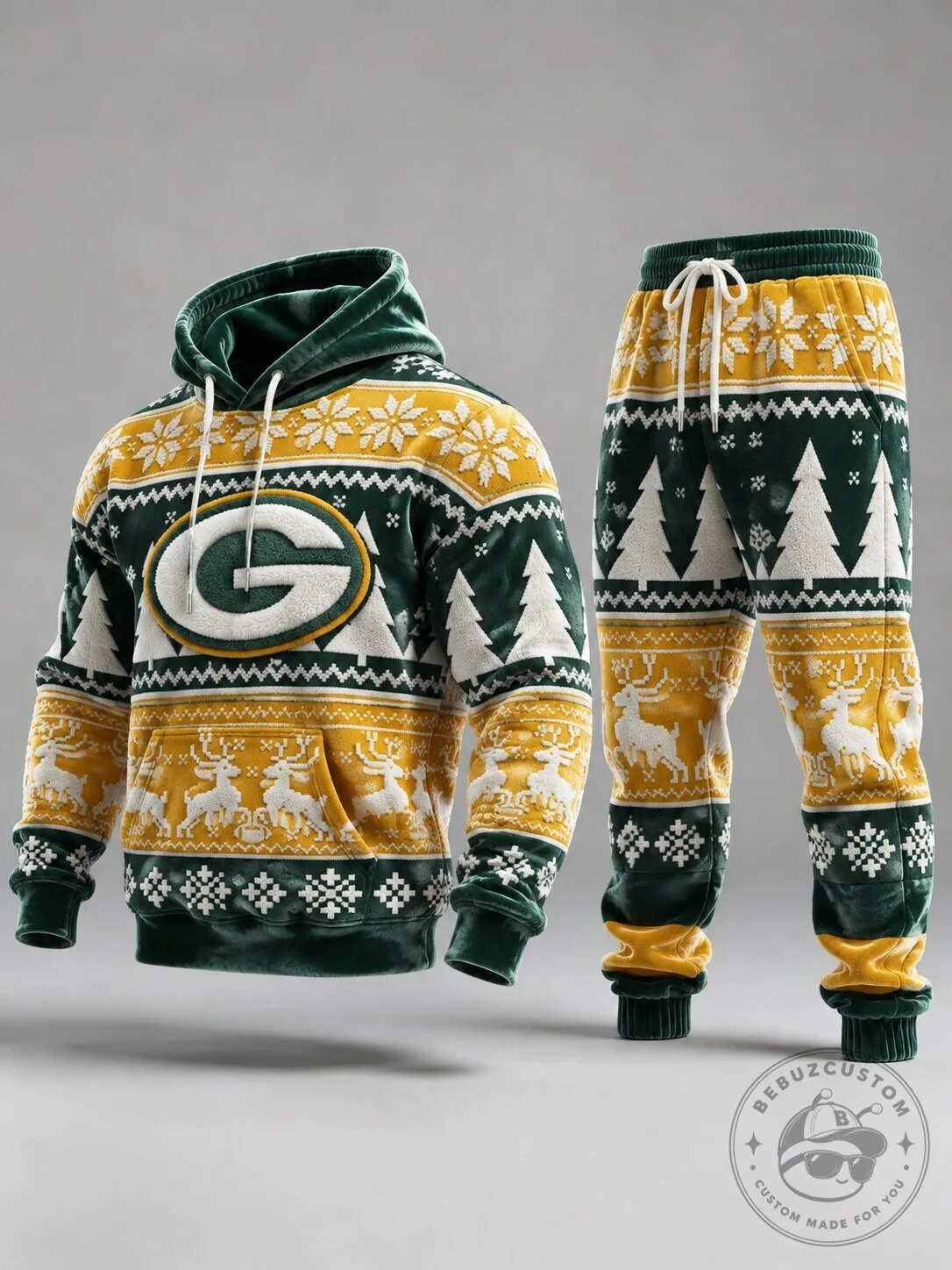 Green Bay Packers Ugly Christmas Sweater Style Hoodie and Jogger Sweatpants Set