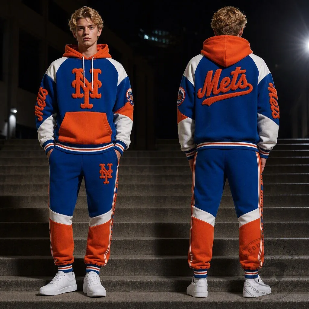 New York Mets Blue and Orange Colorblock Hoodie and Sweatpants Set