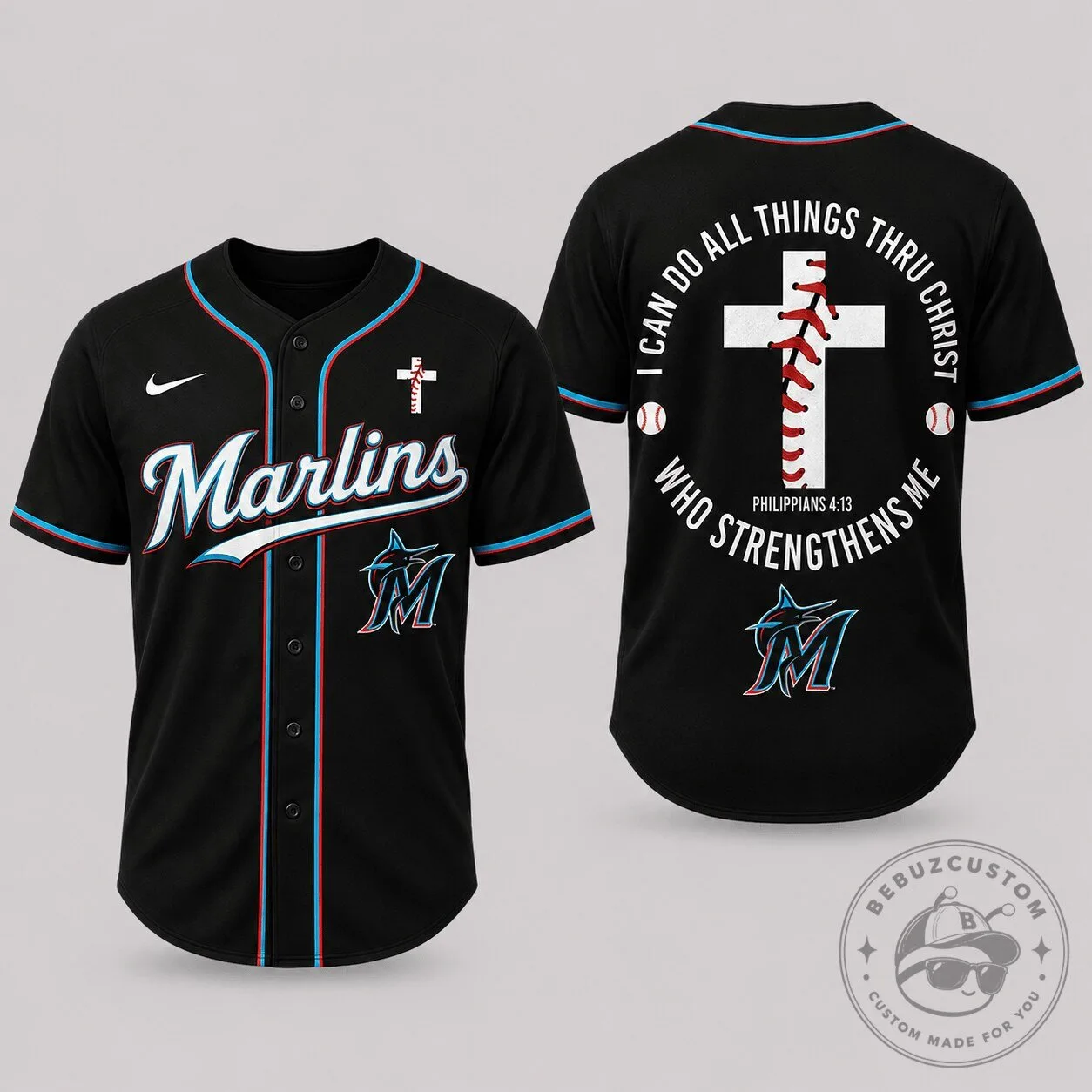 Miami Marlins Baseball Faith Jersey with Philippians 4:13 Scripture