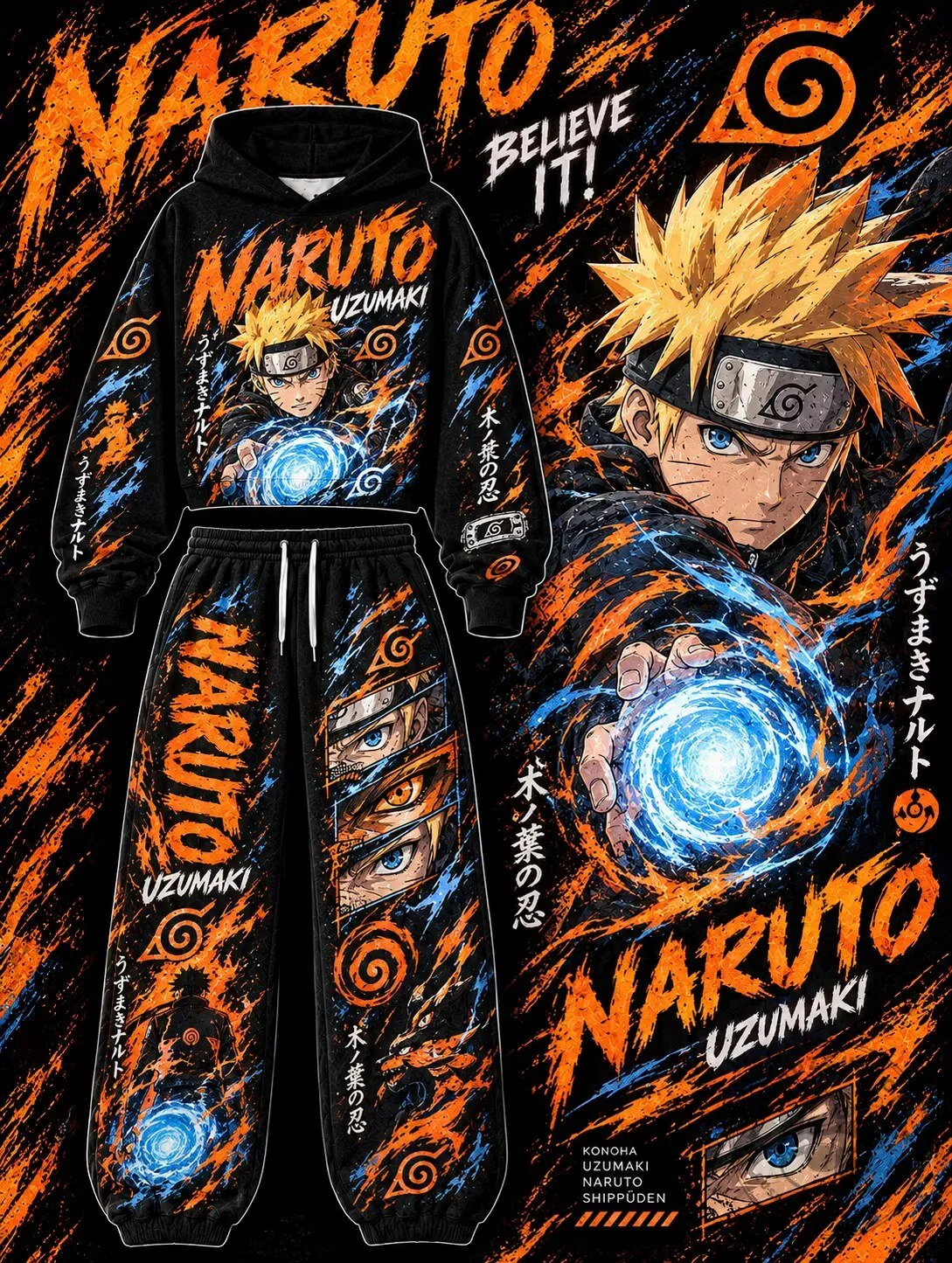 Naruto Uzumaki Believe It Anime Character Hoodie and Pants Set