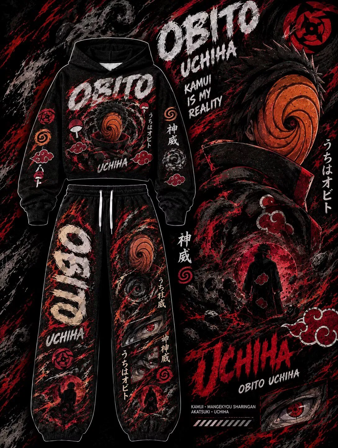 Obito Uchiha Kamui Is My Reality Naruto Anime Black Hoodie and Sweatpants Set