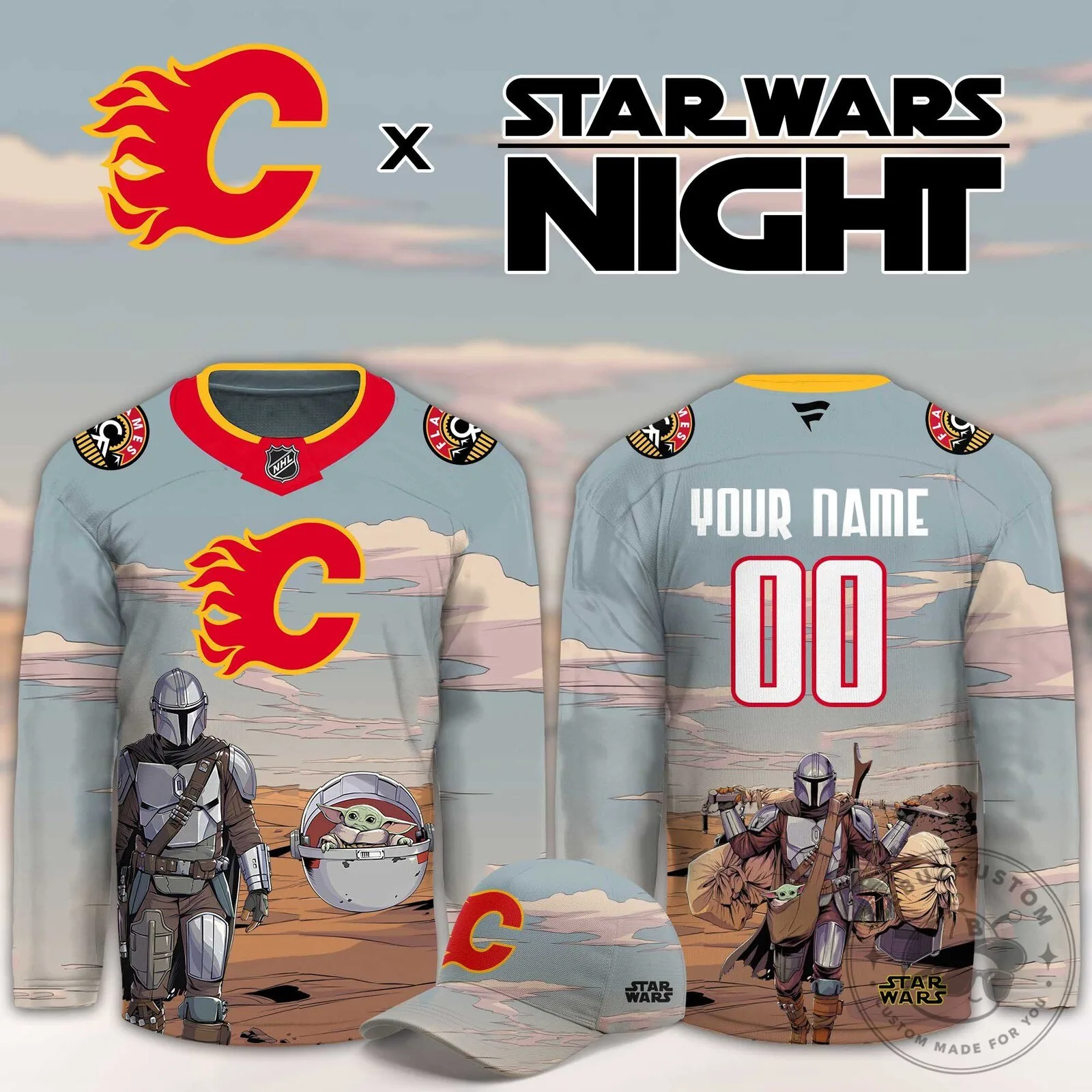Calgary Flames Star Wars Night Mandalorian and Grogu Hockey Jersey
