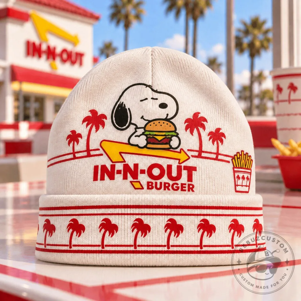 In-N-Out Burger Snoopy Palm Tree Graphic Knit Beanie Hat In-N-Out Burger Snoopy Palm Tree Graphic Knit Beanie Hat