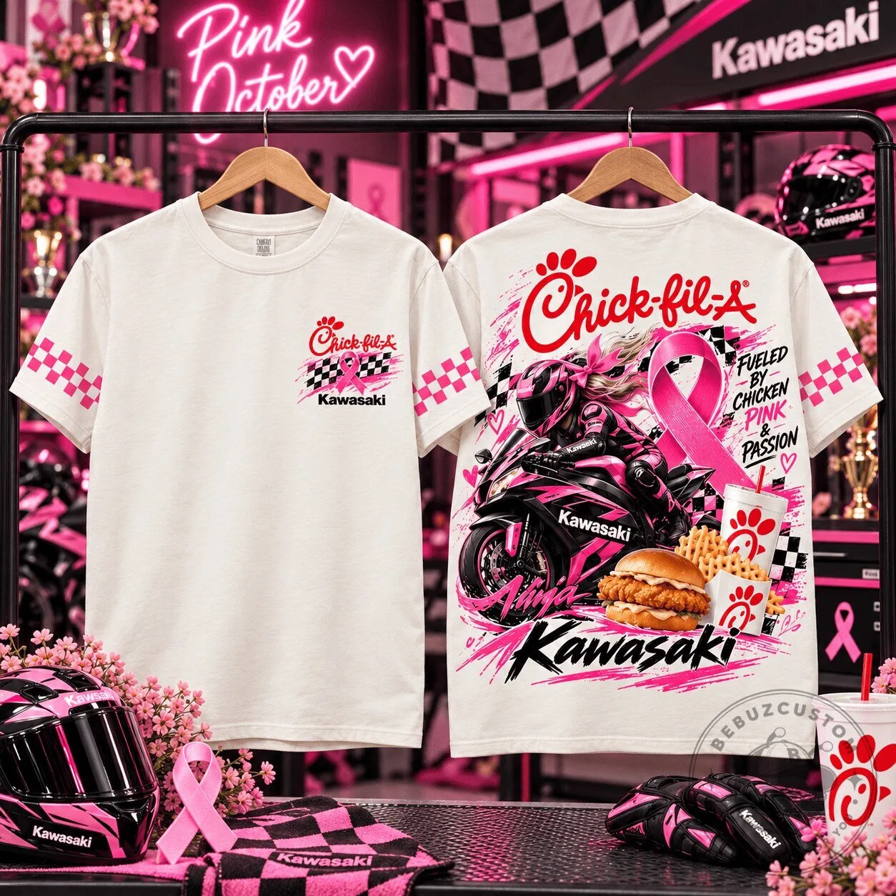 Chick-fil-A Pink October Kawasaki Racing Motorcycle Breast Cancer Awareness T-Shirt