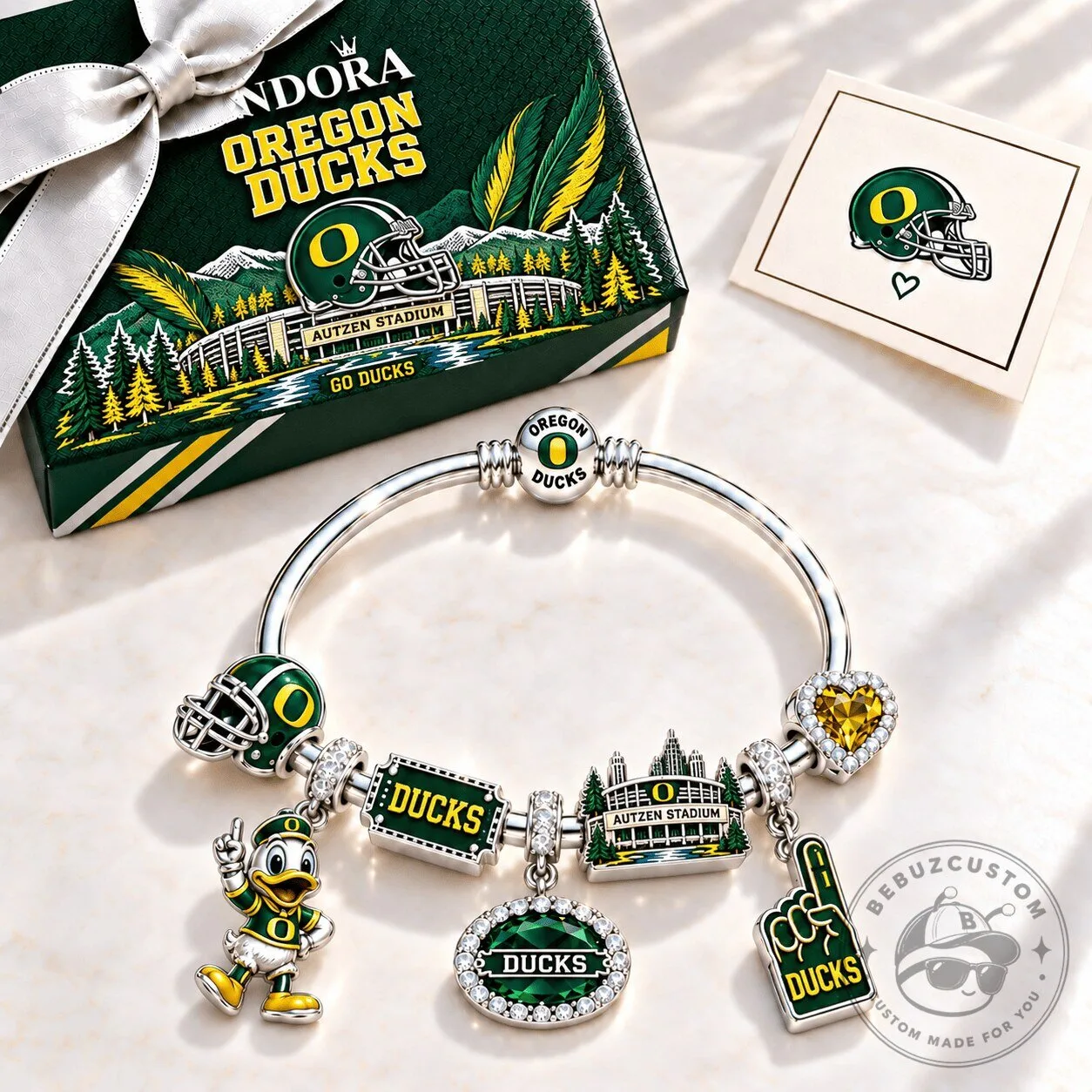 Oregon Ducks Football Team Charm Bracelet with Autzen Stadium and Mascot Charms