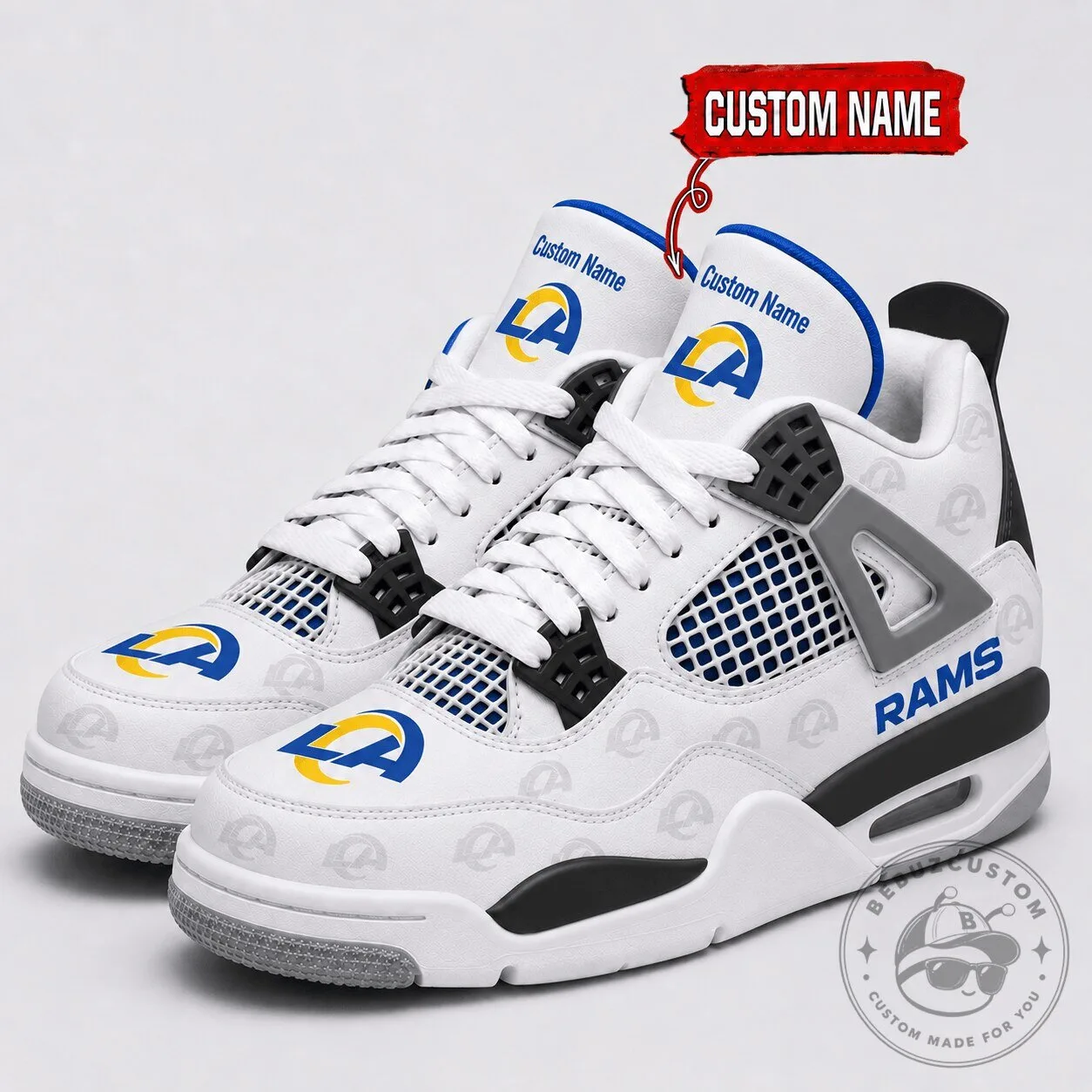 Custom Air Jordan 4 Style Sneakers featuring Los Angeles Rams Design