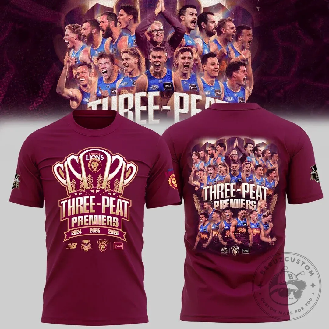 2024 2025 2026 AFL Football T-Shirt - Brisbane Lions Three-Peat Champions