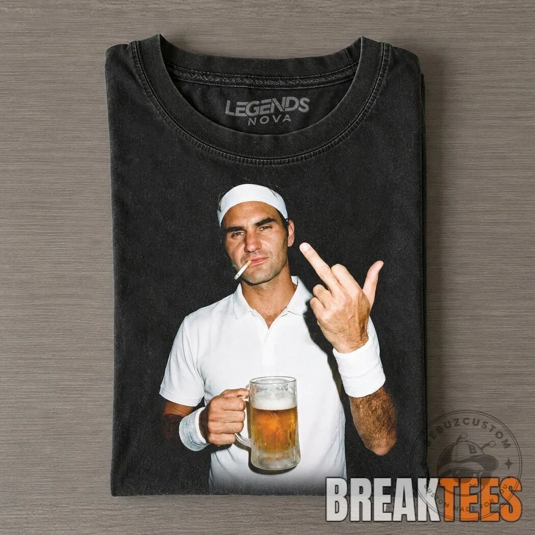 Roger Federer Tennis Player Middle Finger Beer and Cigarette Black T-Shirt