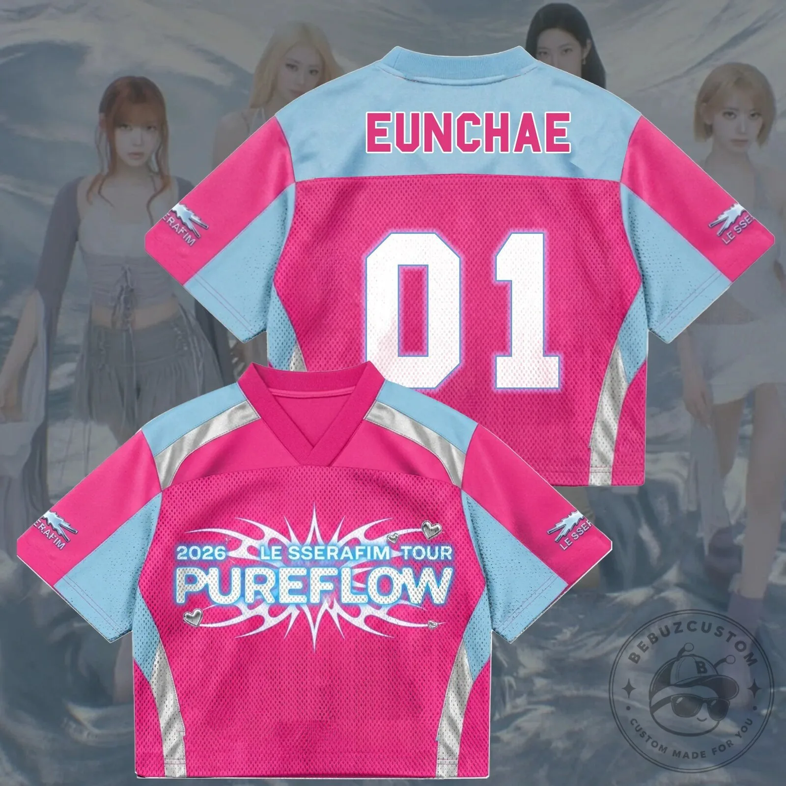 Le Sserafim FEARNOT Pureflow 2026 World Tour Pink Mesh Football Jersey 15 Le Sserafim FEARNOT Pureflow 2026 World Tour Pink Mesh Football Jersey
