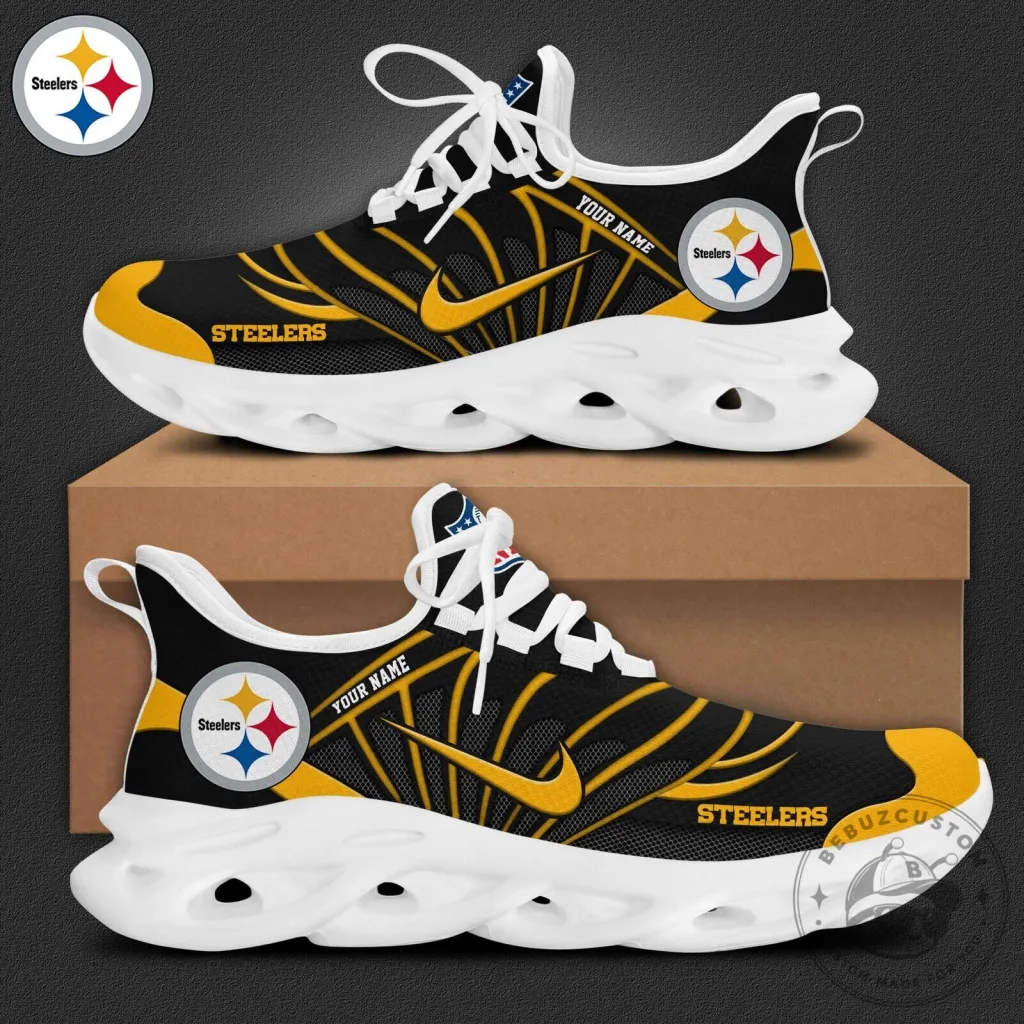 Pittsburgh Steelers Black and Gold Custom Name Max Soul Shoes 10 Pittsburgh Steelers Black and Gold Custom Name Max Soul Shoes