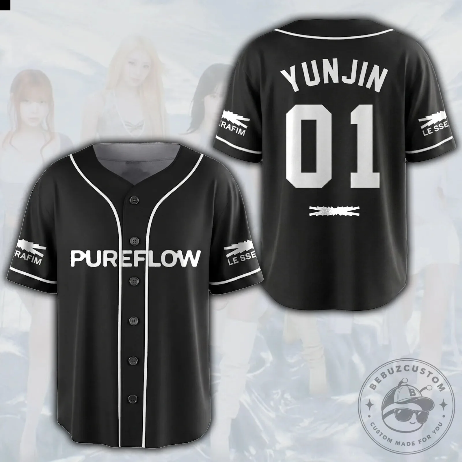 Black Baseball Jersey of Le Sserafim's Fearnot K-Pop Group 15 Black Baseball Jersey of Le Sserafim