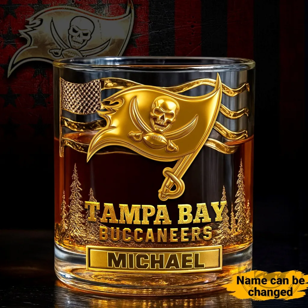 Iridescent Glass Mug 25 Tampa Bay Buccaneers Personalized Whiskey Glass with Skull and Crossbones Flag