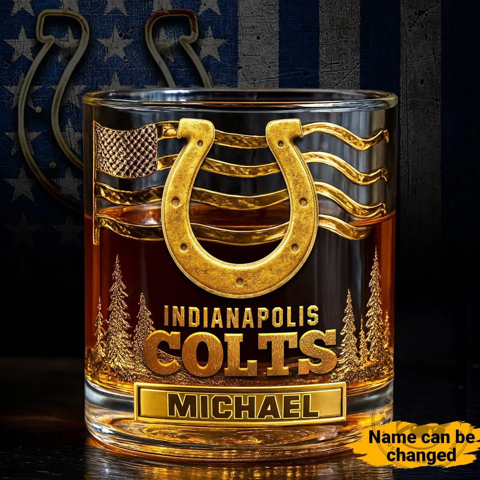Indianapolis Colts Personalized Whiskey Glass with Horseshoe and Flag Design