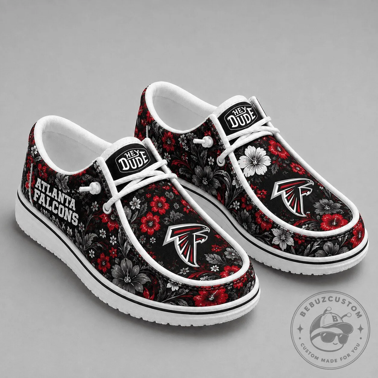 Atlanta Falcons NFL Team Floral Pattern Black and Red Loafer Shoes
