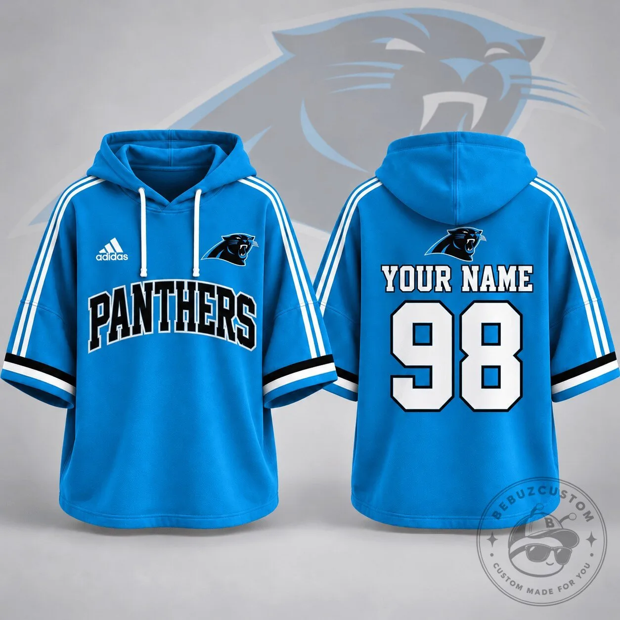 Carolina Panthers Football Team Blue Short Sleeve Hoodie with Custom Name and Number