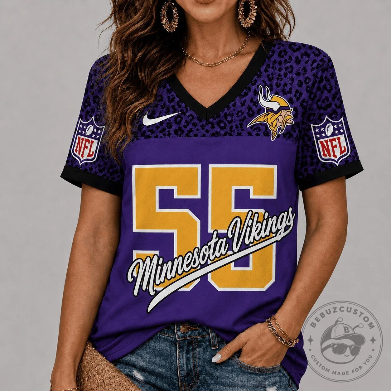 Minnesota Vikings Leopard Print NFL Football Team V-Neck Jersey