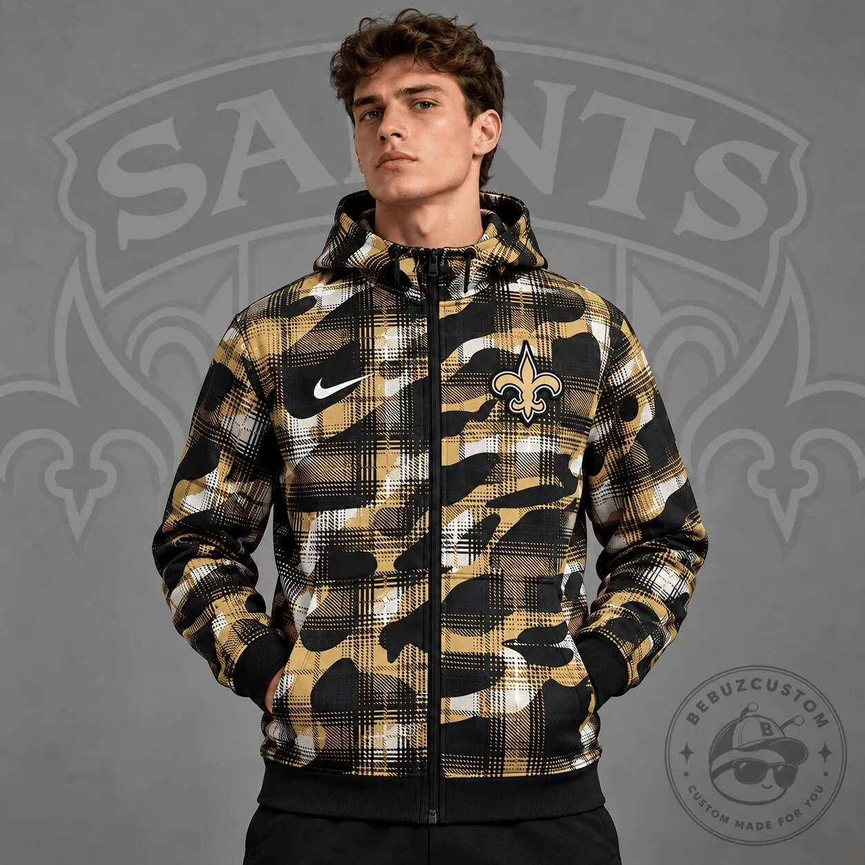 New Orleans Saints Plaid Camouflage Full Zip Hooded Sweatshirt