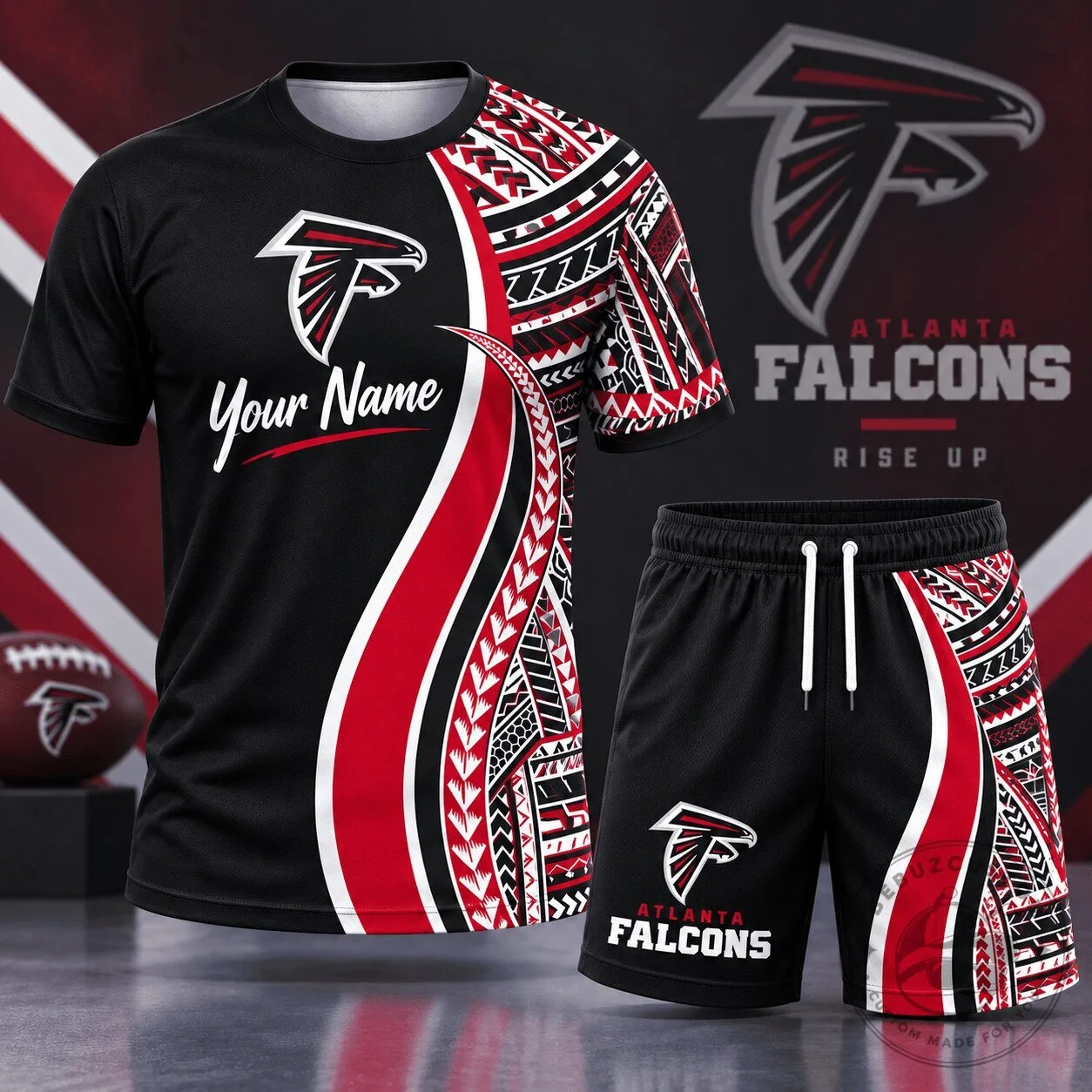 Atlanta Falcons NFL Football Tribal Graphic Custom Name T-Shirt and Shorts Set 1 Atlanta Falcons NFL Football Tribal Graphic Custom Name T-Shirt and Shorts Set