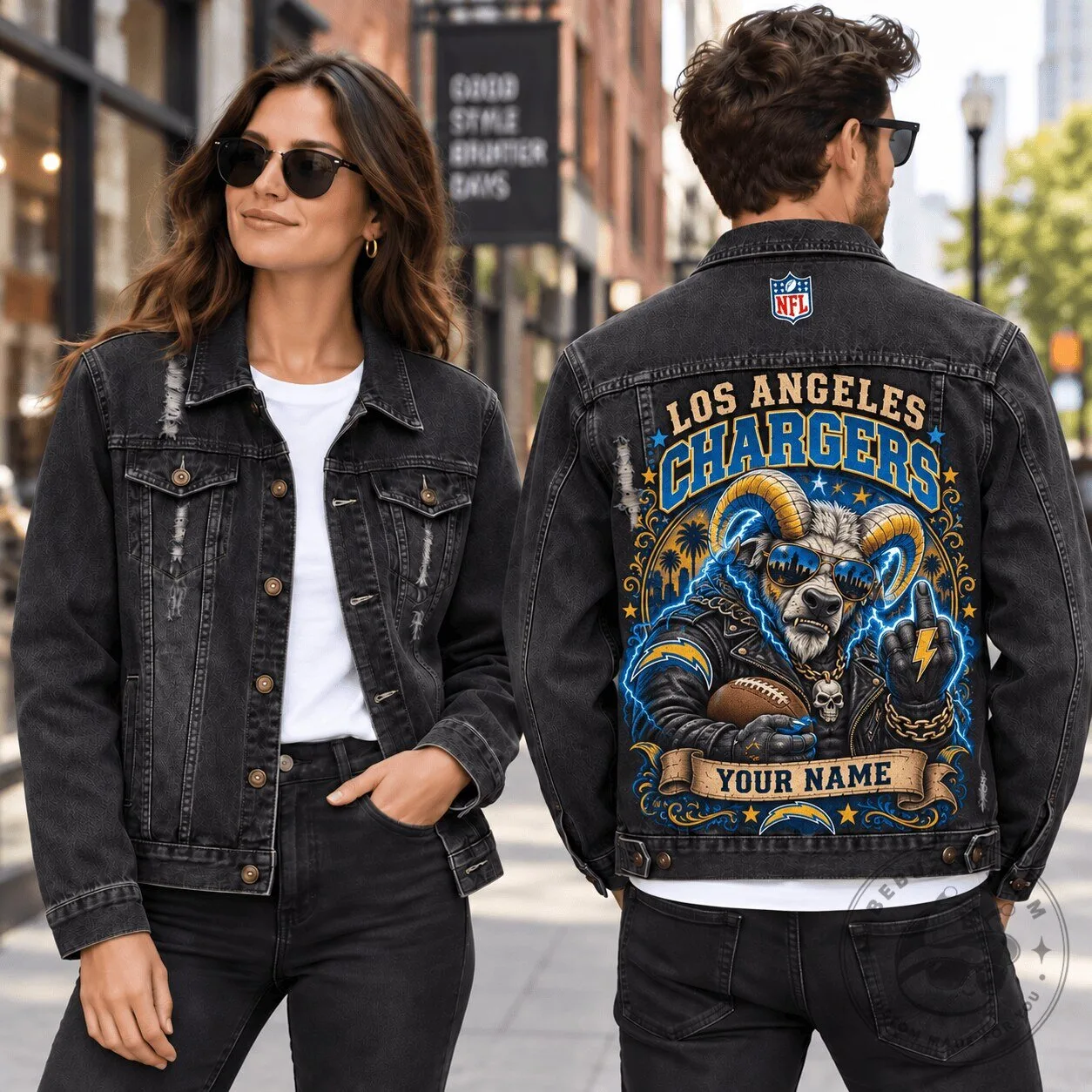 Los Angeles Chargers NFL Distressed Denim Jacket with Custom Name for Fans