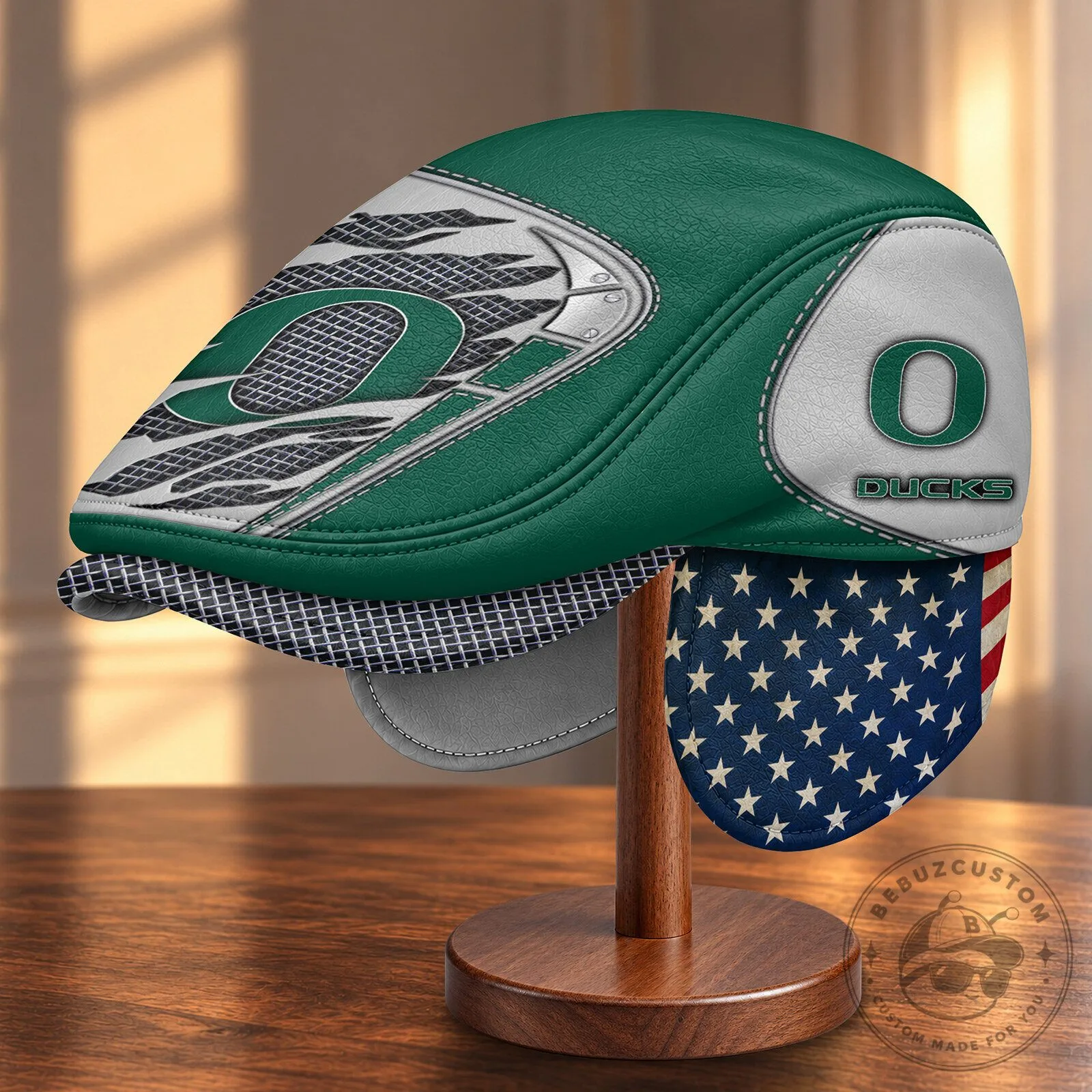 Oregon Ducks NCAA Flat Cap with Foldable Ear Flaps and American Flag Design