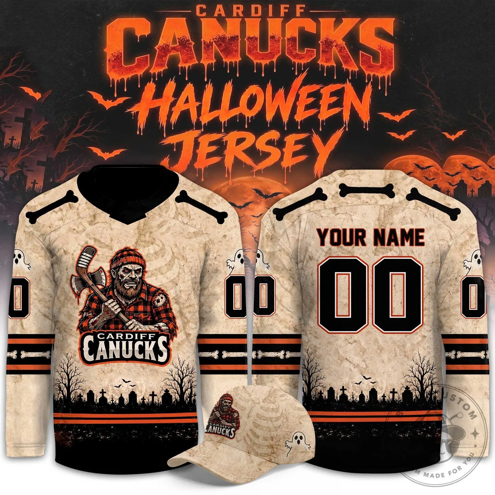Cardiff Canucks Halloween Ice Hockey Jersey Personalized with Name and Number 1 Cardiff Canucks Halloween Ice Hockey Jersey Personalized with Name and Number