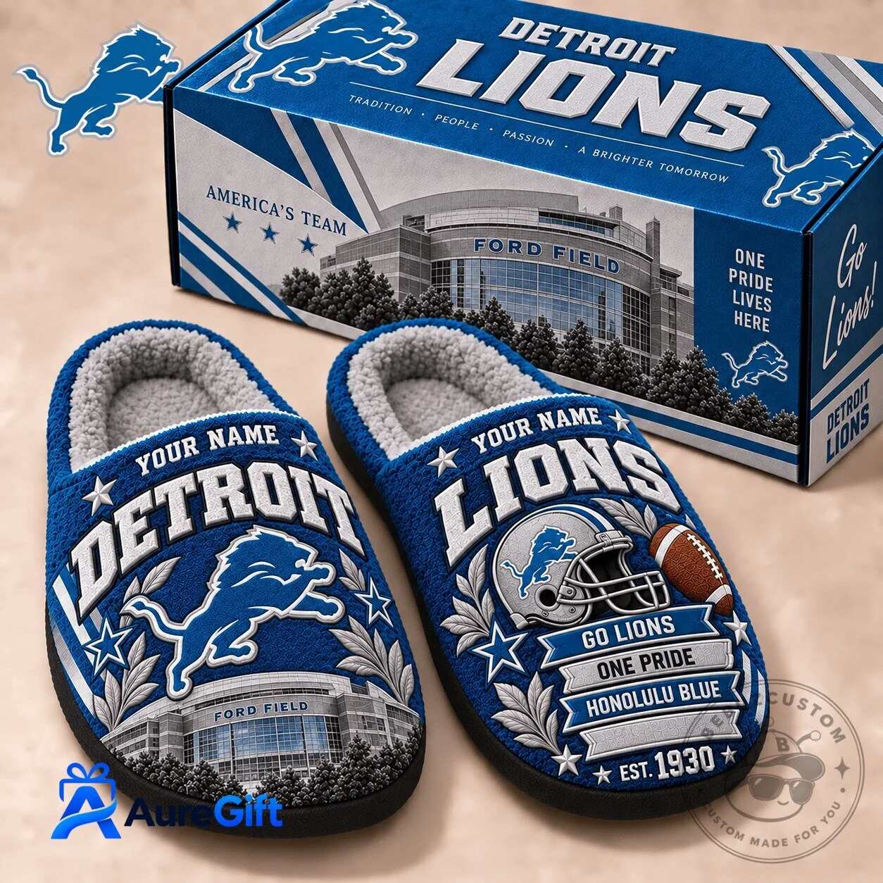 Detroit Lions Personalized Football Team Slippers for Men and Women