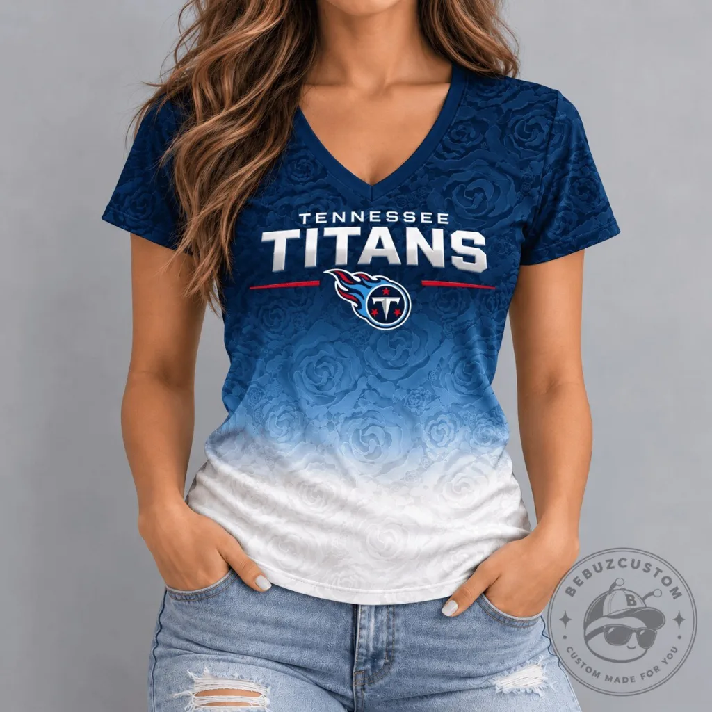 Tennessee Titans NFL Rose Ombre Gradient Pattern Women's V-Neck T-Shirt