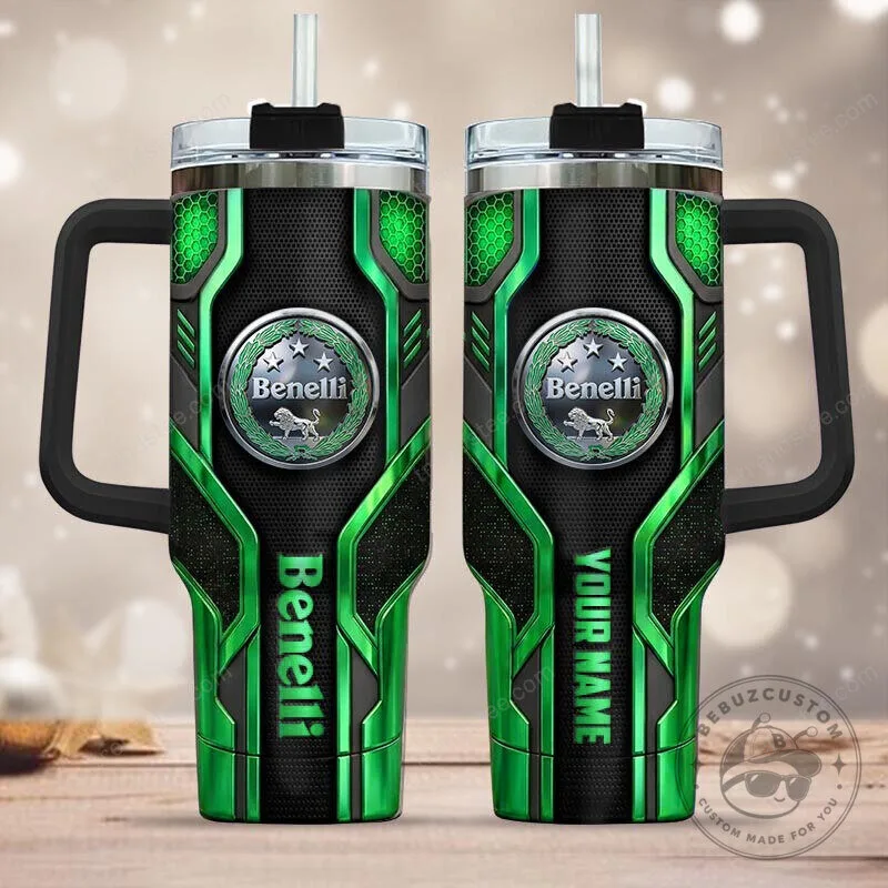Benelli Logo Green Black Stainless Steel Tumbler with Handle