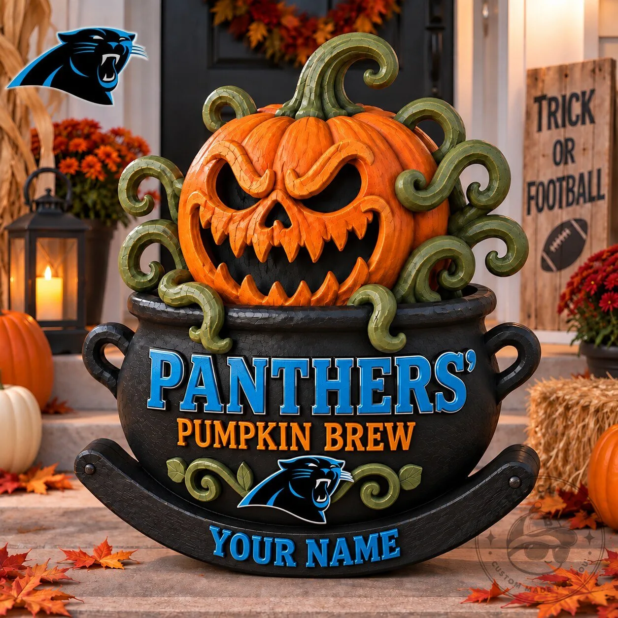 Carolina Panthers Pumpkin Brew Halloween Personalized Wooden Block Sign