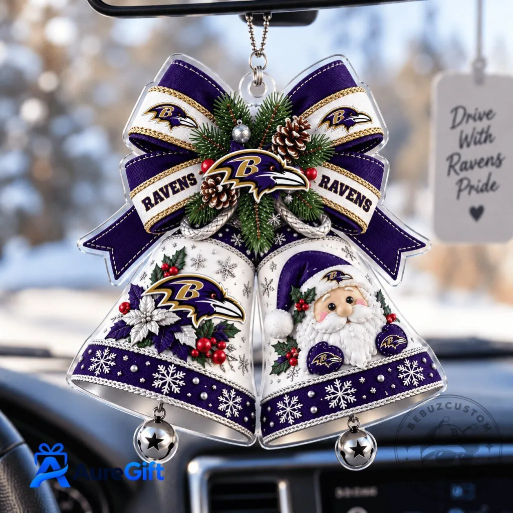 Baltimore Ravens Christmas Bell Ornament with Santa Claus and Snowflakes Baltimore Ravens Christmas Bell Ornament with Santa Claus and Snowflakes