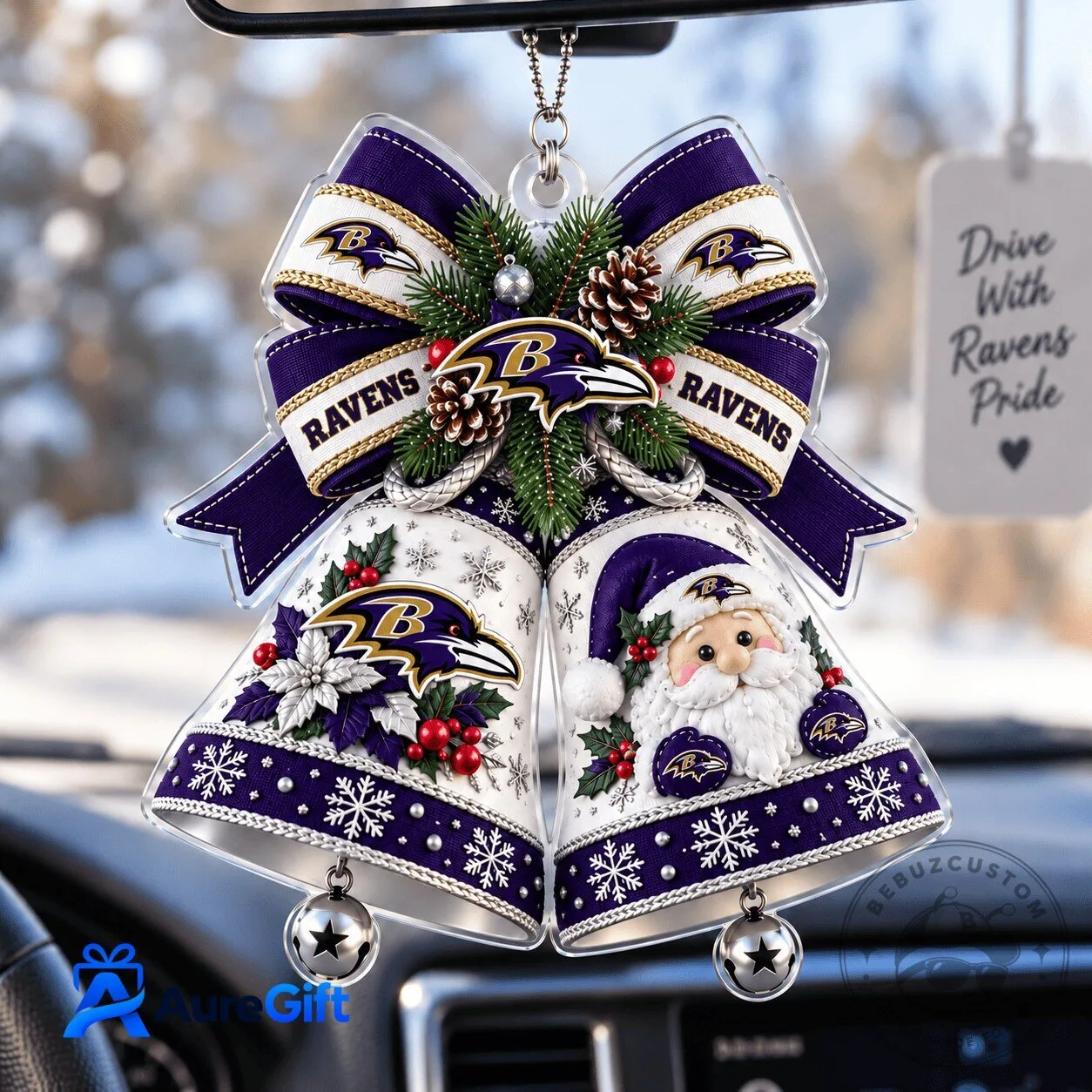 Baltimore Ravens Christmas Bell Ornament with Santa Claus and Snowflakes
