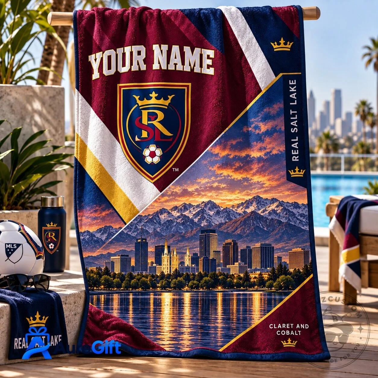Real Salt Lake Personalized Soccer Team Claret and Cobalt Beach Towel