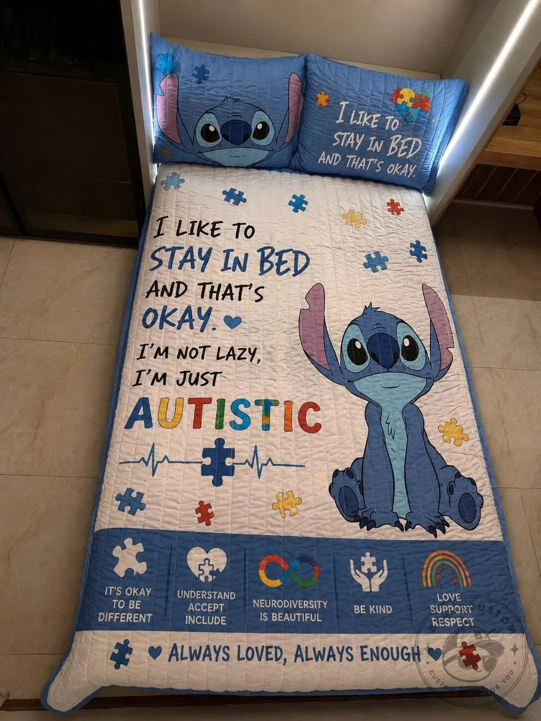 Stitch Autism Awareness I Like To Stay In Bed And That's Okay Quilt Bedding Set