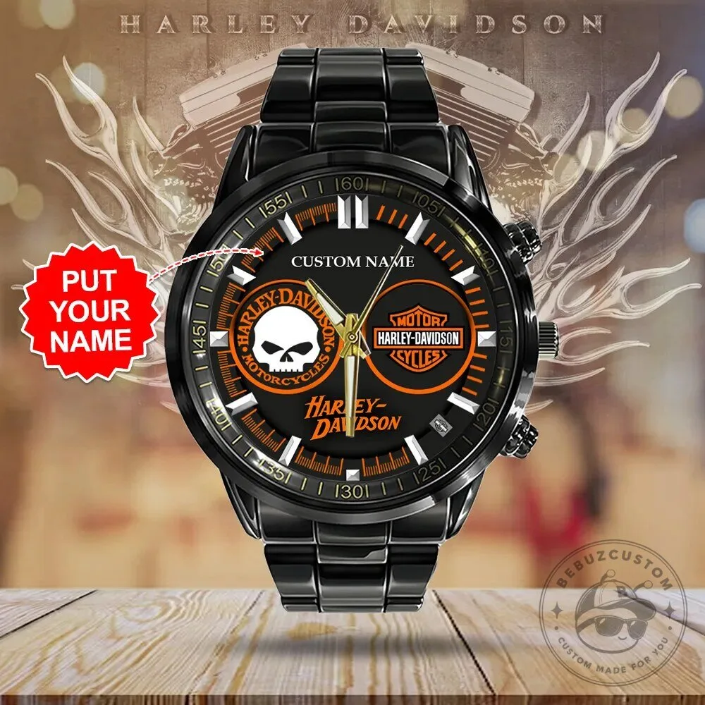 Harley-Davidson Custom Name Motorcycle Skull Black Stainless Steel Watch