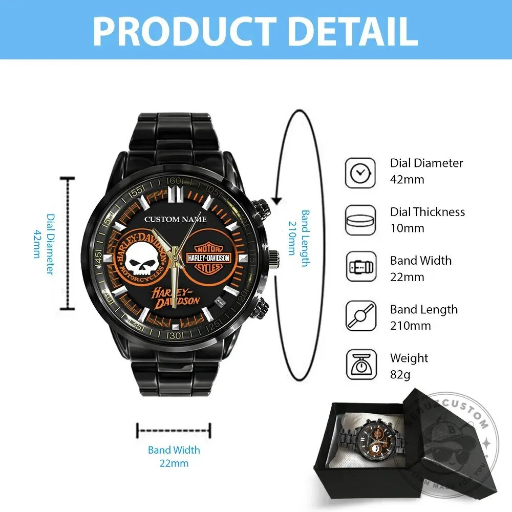 Harley-Davidson Custom Name Motorcycle Skull Black Stainless Steel Watch 8 Harley-Davidson Custom Name Motorcycle Skull Black Stainless Steel Watch