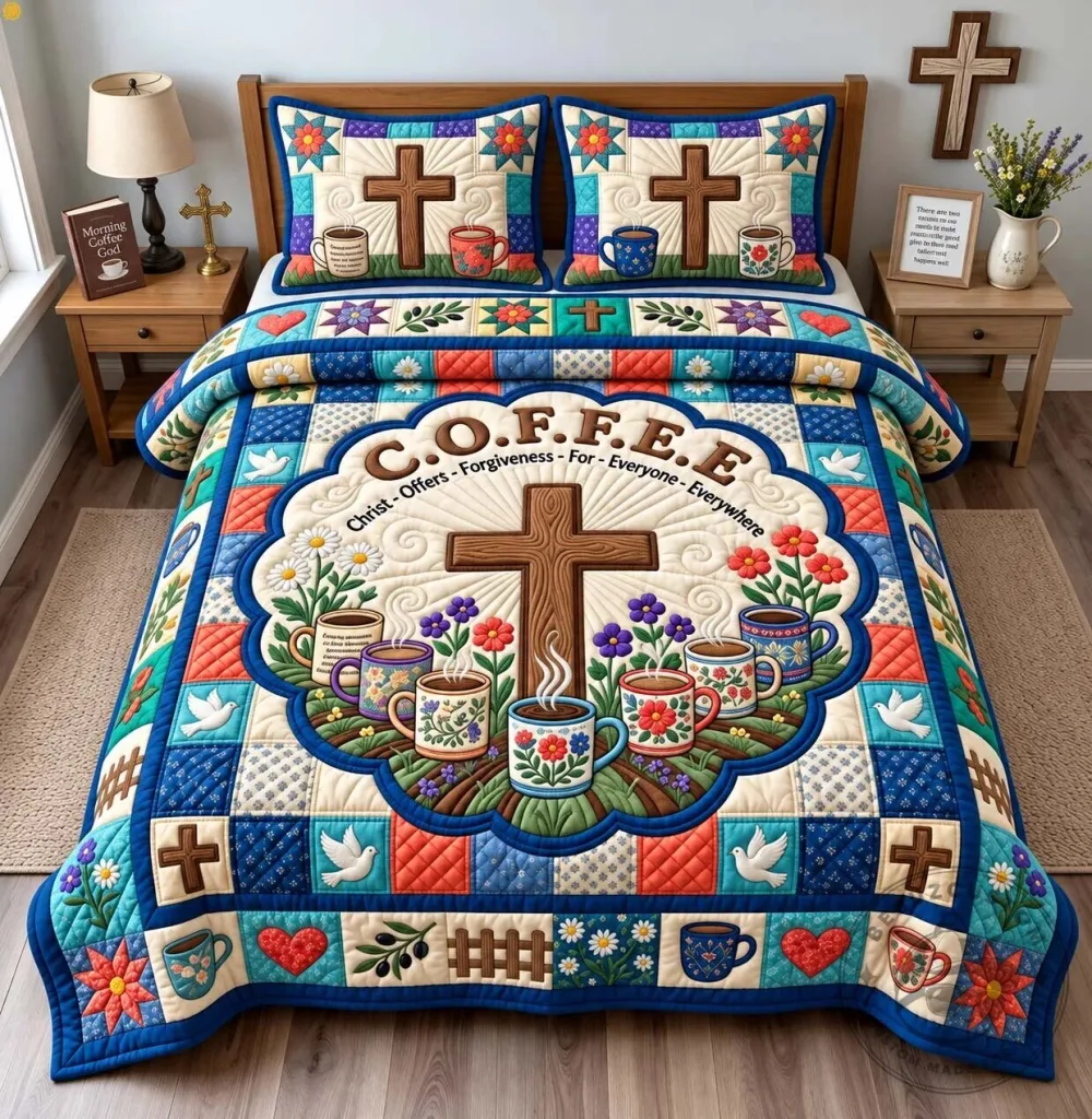 Christian Coffee Christ Offers Forgiveness For Everyone Everywhere Quilted Bedding Set