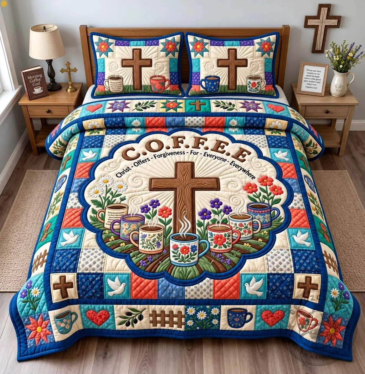 Christian Coffee Christ Offers Forgiveness For Everyone Everywhere Quilted Bedding Set