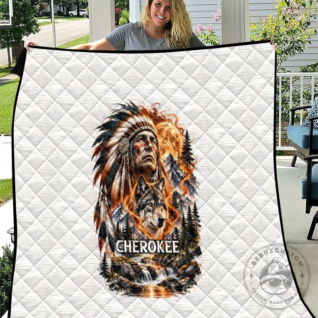 Cherokee Wolf and Native American Chief Tribal Nature Landscape Quilt