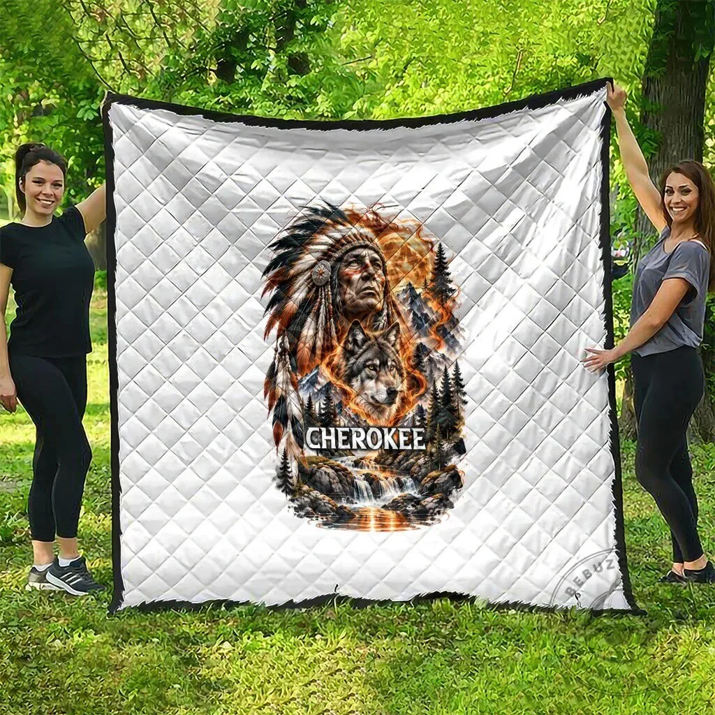 Cherokee Wolf and Native American Chief Tribal Nature Landscape Quilt 13 Cherokee Wolf and Native American Chief Tribal Nature Landscape Quilt